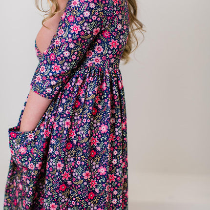 Flower Farm 3/4 Sleeve Pocket Twirl Dress - Dashing Nova