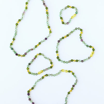 Raw Baltic Sea Amber + Fluorite + Peridot || Gemstone Necklace