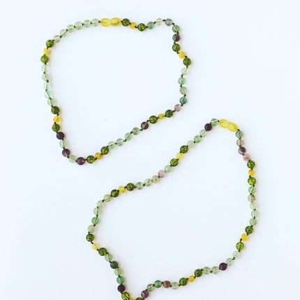 Raw Baltic Sea Amber + Fluorite + Peridot || Gemstone Necklace