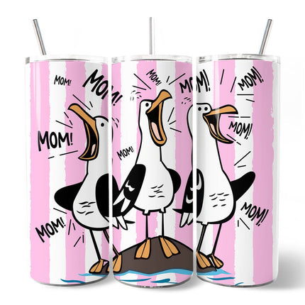 Funny Mom Calling Seagull 20oz Personalized Tumbler With Lid and Stainless Steel Straw, Pink Coastal Bird Gift Cup