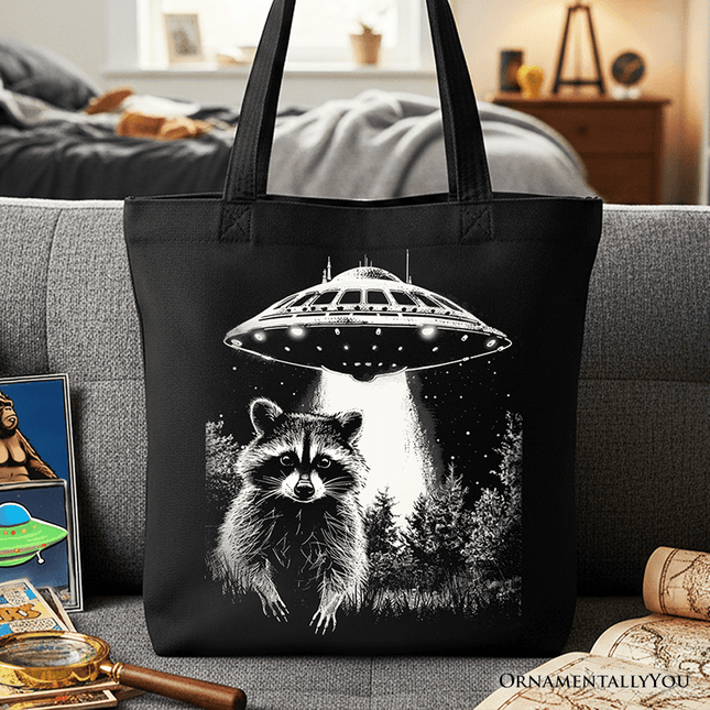 Funny UFO Raccoon Tote Bag, Gift Shopper for Alien Enthusiasts