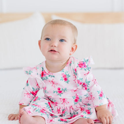 Gingham Bows 3/4 Sleeve Flutter Twirl Bodysuit - Dashing Nova