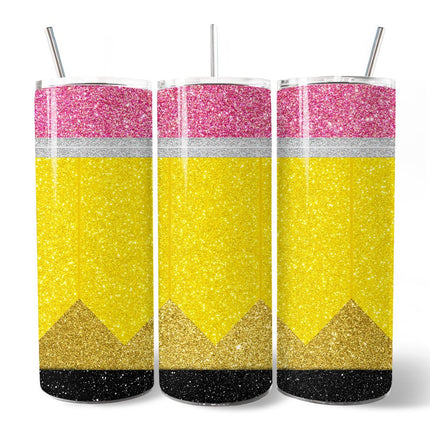 Glitter Pencil Design 20oz Personalized Tumbler With Lid and Stainless Steel Straw, School Teacher Gift Cup