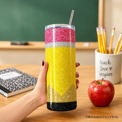 Glitter Pencil Design 20oz Personalized Tumbler With Lid and Stainless Steel Straw, School Teacher Gift Cup