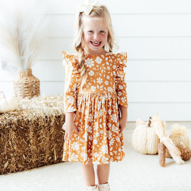 Golden Blooms 3/4 Sleeve Ruffle Twirl Dress - Dashing Nova