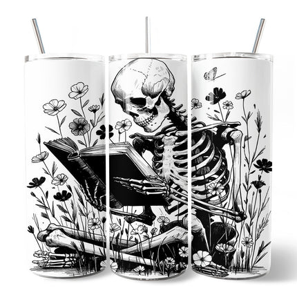 Gothic Reading Skeleton 20oz Personalized Tumbler With Lid and Stainless Steel Straw, Floral Spooky Bookworms Gift Cup