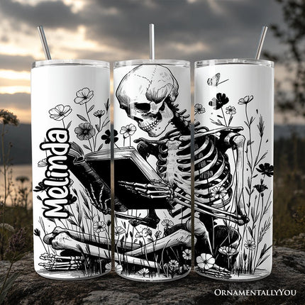 Gothic Reading Skeleton 20oz Personalized Tumbler With Lid and Stainless Steel Straw, Floral Spooky Bookworms Gift Cup