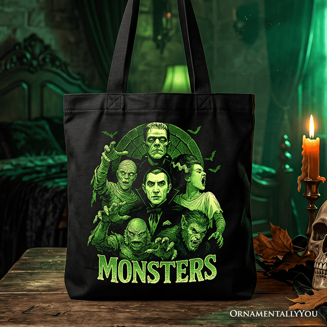Green Retro Monsters Tote Bag, Vintage Classic Horror Halloween Gift Shopper
