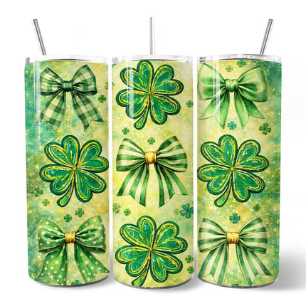 Green Shamrock Bow Pattern 20oz Personalized Tumbler With Lid and Stainless Steel Straw, Coquette St Patrick Gift Cup