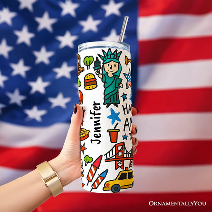 Happy 250 America Doodle 20oz Personalized Tumbler With Lid and Stainless Steel Straw, Patriotic USA 1776-2026 250th Anniversary Gift Cup