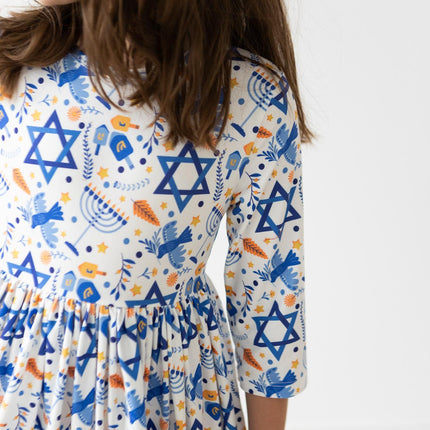 Happy Hanukkah 3/4 Sleeve Pocket Twirl Dress - Dashing Nova