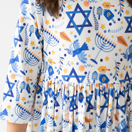 Happy Hanukkah 3/4 Sleeve Pocket Twirl Dress - Dashing Nova
