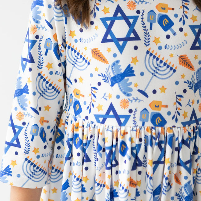Happy Hanukkah 3/4 Sleeve Pocket Twirl Dress - Dashing Nova