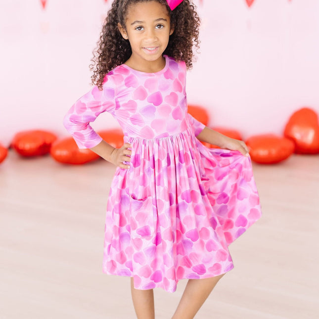 Happy Heart Day 3/4 Sleeve Pocket Twirl Dress - Dashing Nova