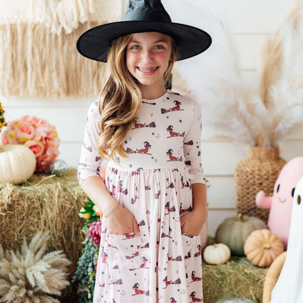 Happy Howl-oween 3/4 Sleeve Pocket Twirl Dress - Dashing Nova