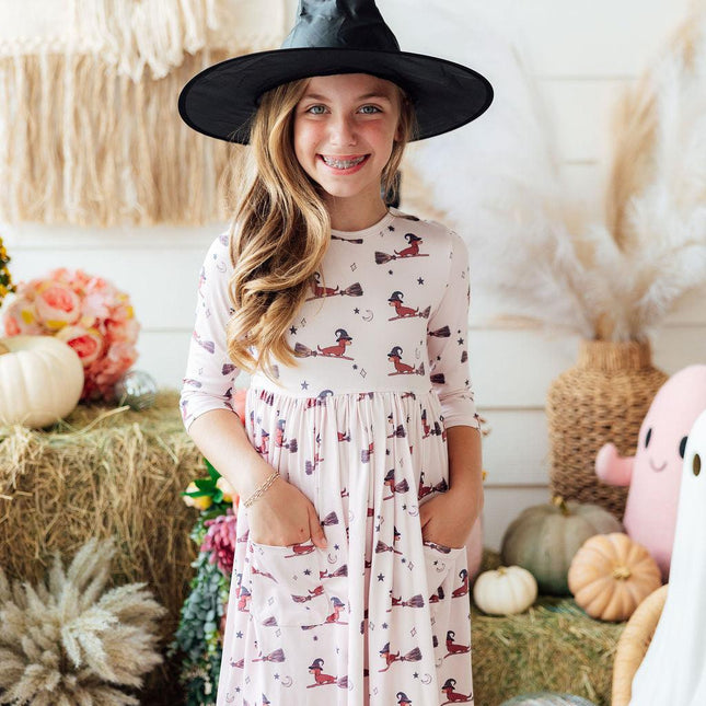 Happy Howl-oween 3/4 Sleeve Pocket Twirl Dress - Dashing Nova
