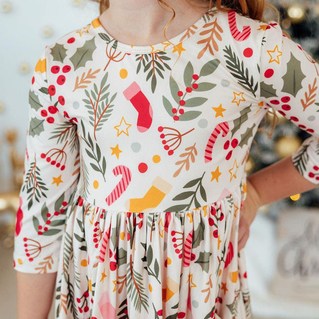 Holly Jolly Christmas 3/4 Sleeve Pocket Twirl Dress - Dashing Nova