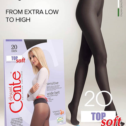 Conte Top Soft 20 Den - Classic Women's Tights Sheer to Waist T-top Low Waist Vitamin E (14S-36SP)