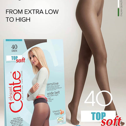 Conte Top Soft 40 Den - Classic Women's Tights Sheer to Waist T-top Low Waist Vitamin E (14S-37SP)