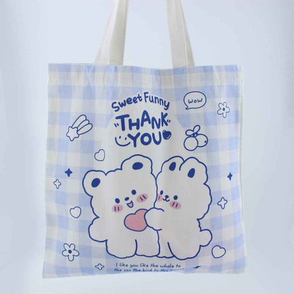 Kawaii Cartoon Tote Bag – Cute Bear & Bunny Canvas Bag for Women