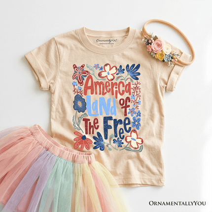 Kids America Land of the Free T-Shirt, Retro Youth Floral Independence Day Tee