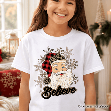 Kids Believe Santa Buffalo Plaid T-Shirt, Retro Christmas Youth Tee