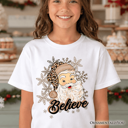 Kids Believe Santa Cheetah Leopard T-Shirt, Retro Christmas Youth Tee