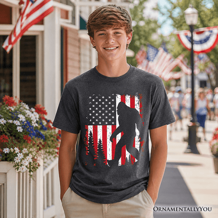 Kids Bigfoot American Flag T-Shirt, Youth Patriotic Sasquatch Tee