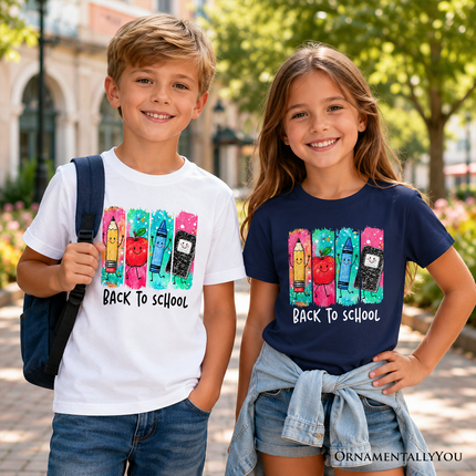 Kids Brushstroke Back to School T-Shirt, Apple Pencil Notebook Youth Tee for Student