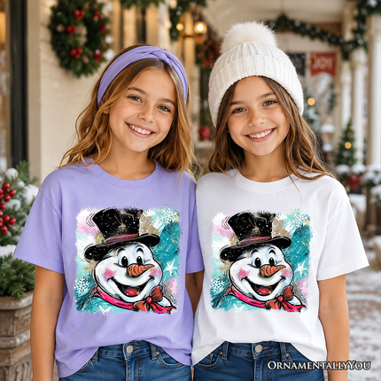 Kids Brushstroke Cute Snowman T-Shirt, Preppy Youth Merry Christmas Glitter Holiday Tee