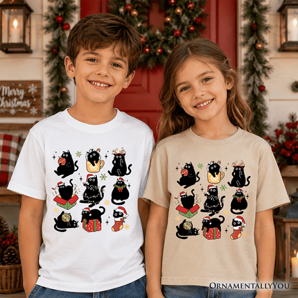 Kids Christmas Black Cats T-Shirt, Whimsical Cats with Santa Hat Youth Tee