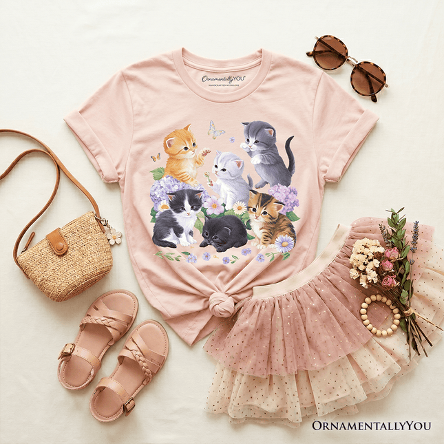 Kids Cute Baby Cats Wildflower T-Shirt, Cottagecore Botanical Cat Youth Tee