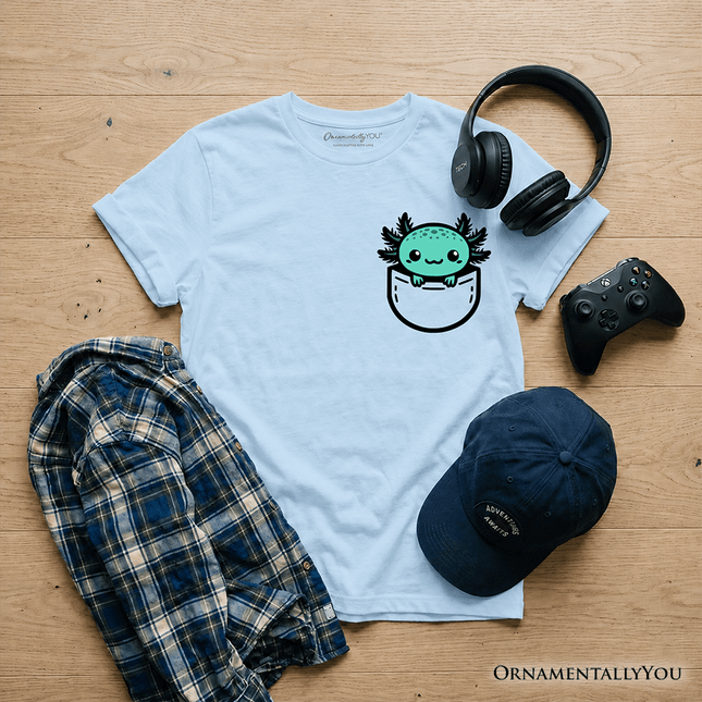 Kids Cute Pocket Blue Axolotl T-Shirt, Salamander Animal Tee for Youth