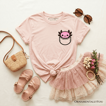 Kids Cute Pocket Pink Axolotl T-Shirt, Salamander Animal Tee for Youth