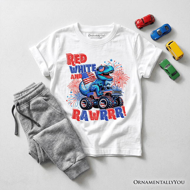 Kids Patriotic Dinosaur Monster Truck T-Shirt, Red White and Rawrr 4th of July Youth Tee