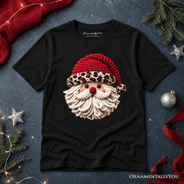 Kids Santa Leopard Hat Christmas T-Shirt, Imitation Latch Hook Yarn Cozy Youth Tee