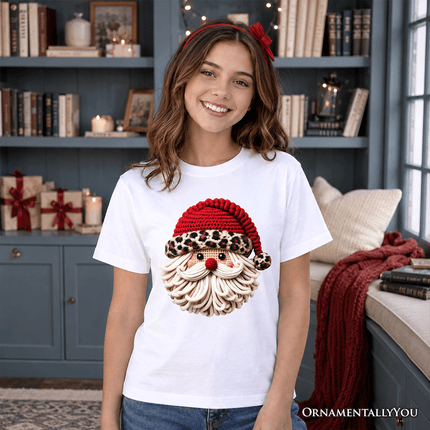 Kids Santa Leopard Hat Christmas T-Shirt, Imitation Latch Hook Yarn Cozy Youth Tee