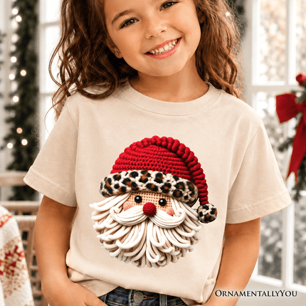 Kids Santa Leopard Hat Christmas T-Shirt, Imitation Latch Hook Yarn Cozy Youth Tee