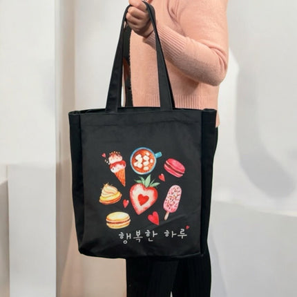 Korean Style Black Tote – Cute Dessert Design Eco Flannel Bag