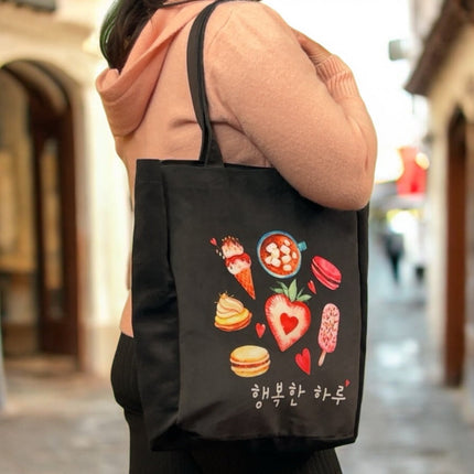 Korean Style Black Tote – Cute Dessert Design Eco Flannel Bag