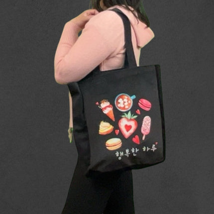 Korean Style Black Tote – Cute Dessert Design Eco Flannel Bag