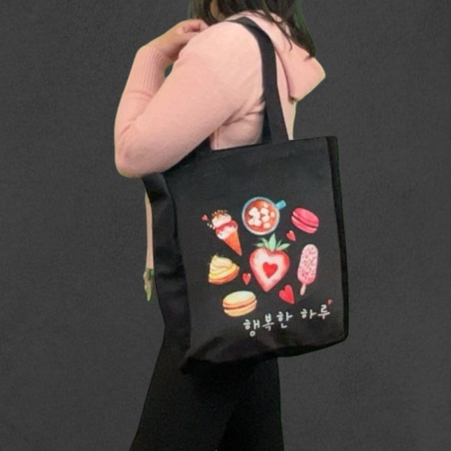 Korean Style Black Tote – Cute Dessert Design Eco Flannel Bag
