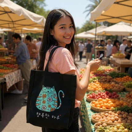 KPOP Cartoon Cat Tote – Korean Flannel Bag with Zipper Pocket