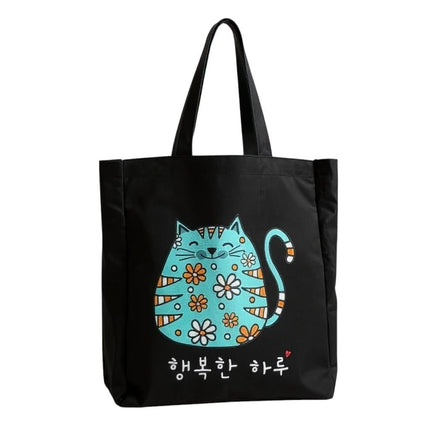 KPOP Cartoon Cat Tote – Korean Flannel Bag with Zipper Pocket