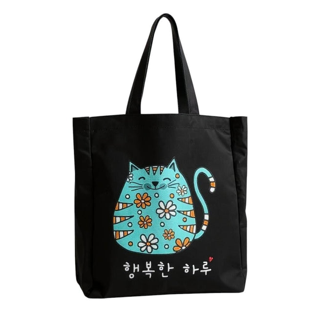 KPOP Cartoon Cat Tote – Korean Flannel Bag with Zipper Pocket