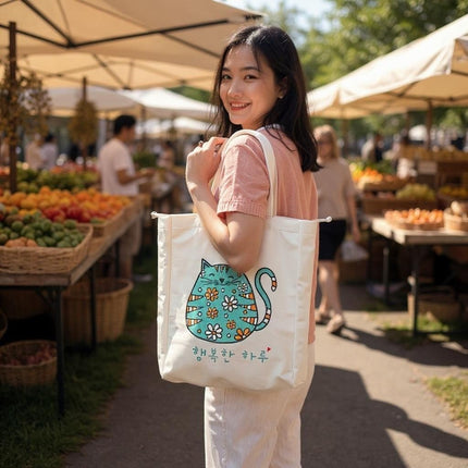 KPOP Cartoon Cat Tote – Korean Flannel Bag with Zipper Pocket