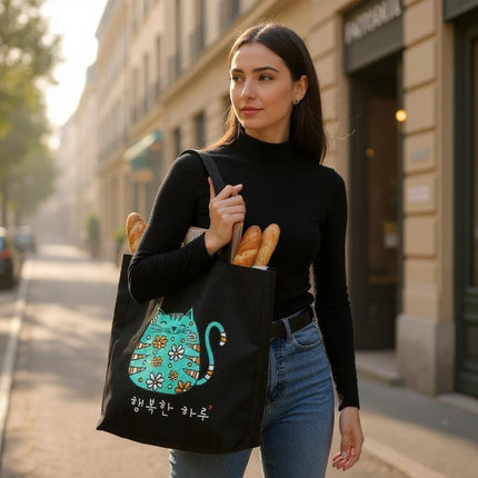 KPOP Cartoon Cat Tote – Korean Flannel Bag with Zipper Pocket