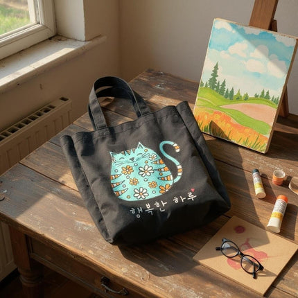 KPOP Cartoon Cat Tote – Korean Flannel Bag with Zipper Pocket