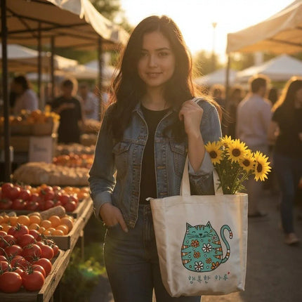 KPOP Cartoon Cat Tote – Korean Flannel Bag with Zipper Pocket