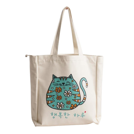 KPOP Cartoon Cat Tote – Korean Flannel Bag with Zipper Pocket